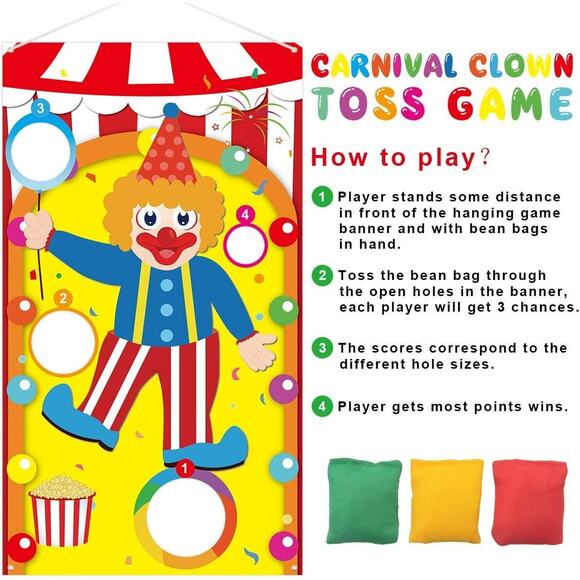 Circus Party Clown Toss Games with 3 Bean Bags, Fun Carnival Game for Kids Adult - Picture 7 of 10
